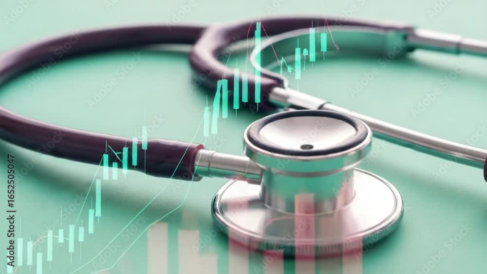 Poster close up of a stethoscope with a stock chart overlay on a light green background in soft focus