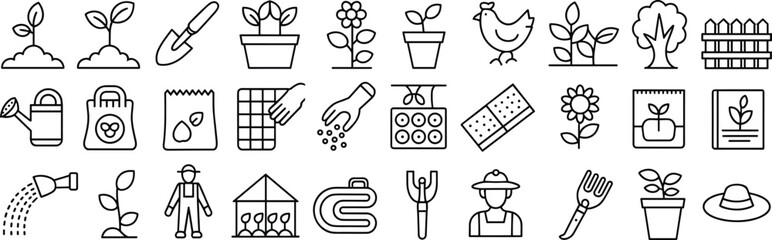 Gardening icons set, plant growing tools, agriculture farming, greenhouse cultivation, watering seeds, organic nature care design