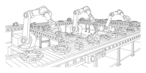 Obraz premium Automated Factory Production Line: Robotic Arms Assembling Parts on Conveyor Belt
