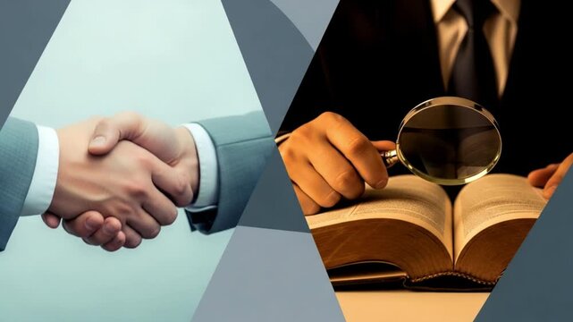 A split image showing a handshake and a person using a magnifying glass on a book on a table