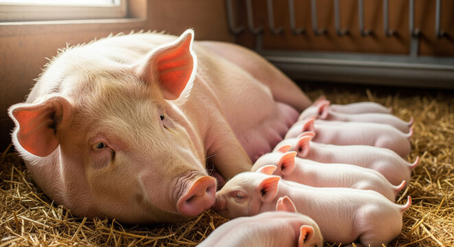 A caring pig tenderly cares for her piglets in a bright room on the farm, close-up