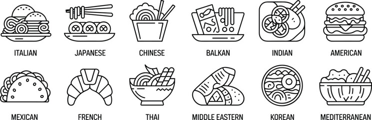 International cuisine food icons collection including Italian, Japanese, Chinese, Indian, Mexican, French, Thai, Mediterranean