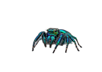 Intricate, iridescent teal jumping spider poised on a glistening silver orb web against a transparent background with copy space, capturing its fragile beauty and natural engineering marvel