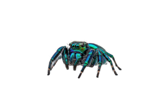 Intricate, iridescent teal jumping spider poised on a glistening silver orb web against a transparent background with copy space, capturing its fragile beauty and natural engineering marvel