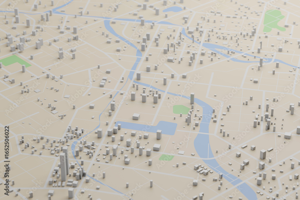 Poster 3d rendering city map illustration of a city map created using 3d modeling. top view of urban map wi