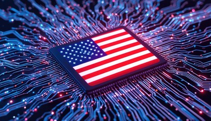The red and white design of the American flag is displayed on a computer chip, encircled by digital circuitry and a network of blue lines.  The idea of fusing innovation and patriotic technology.