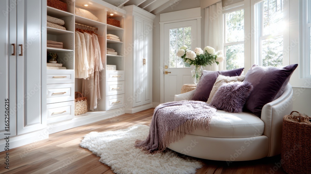 Poster this inviting interior space features a stylish armchair adorned with soft textiles, complemented by