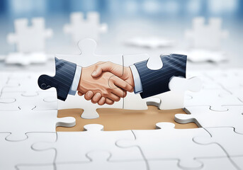 A handshake formed by puzzle pieces symbolizes business agreement, teamwork, and successful partnership