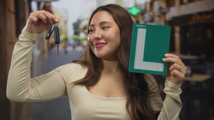 Hispanic woman smiling holds dangling car keys and green learner plate outside restaurant building on street; pride.