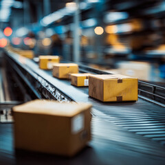 Close-Up of Cardboard Boxes on Conveyor Belt in Modern Fulfillment Center – E-Commerce, Delivery, and Automation Concept