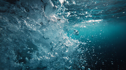 Macro Shot of Underwater Air Bubbles Rising in Swimming Pool with Shimmering Light and Deep Blue Tones – Abstract Cinematic Luxury Aesthetic