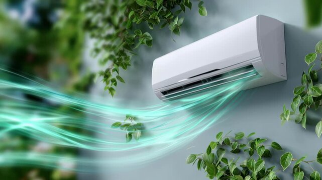 Air conditioner circulates air indoors reducing pathogen and virus risk with fresh cool breeze surrounded by green leaves for healthy living
