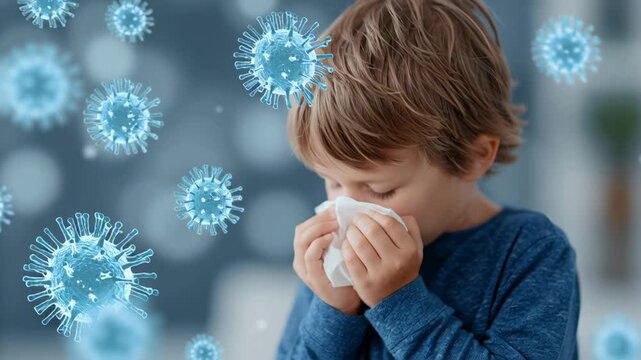 Young child sneezing indoors surrounded by digital illustrations of virus and pathogen particles representing indoor virus transmission
