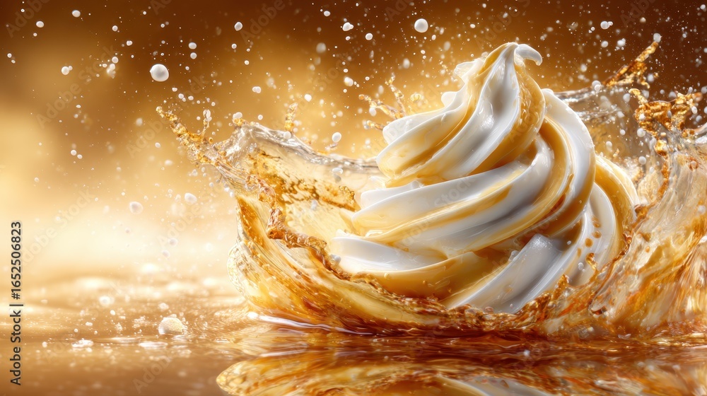 Poster a mouth-watering swirl of soft-serve ice cream splashing into a golden liquid, creating a delightful