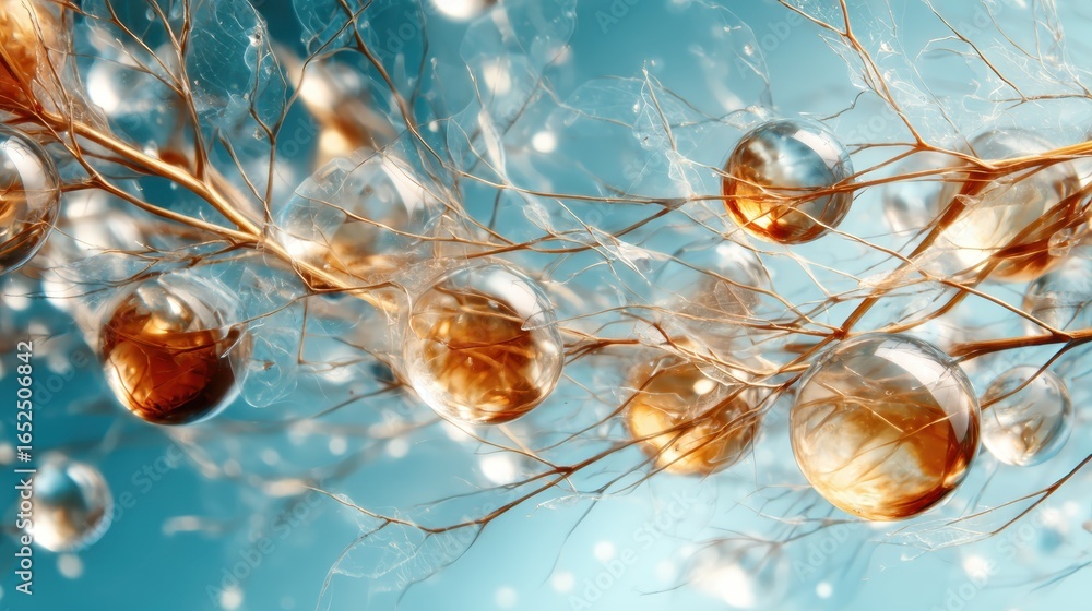 Poster an abstract composition showcasing delicate fibers intertwined with bubbles, representing the beauty