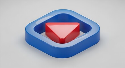 A glossy red inverted triangle inside a blue rounded square frame on a gray surface background