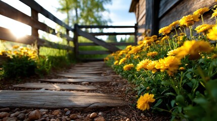 A charming pathway meanders through vibrant blooming flowers, evoking a sense of tranquility and beauty in a serene outdoor setting bathed in warm sunlight.