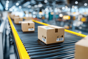 Close-Up of Cardboard Boxes on Conveyor Belt in Modern Fulfillment Center – E-Commerce, Delivery, and Automation Concept