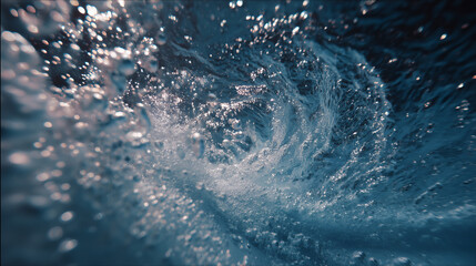 Macro Shot of Underwater Air Bubbles Rising in Swimming Pool with Shimmering Light and Deep Blue Tones – Abstract Cinematic Luxury Aesthetic