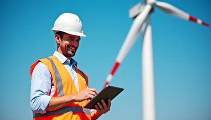 An engineer smiles while inspecting a wind turbine project on a sunny day with a tablet.
