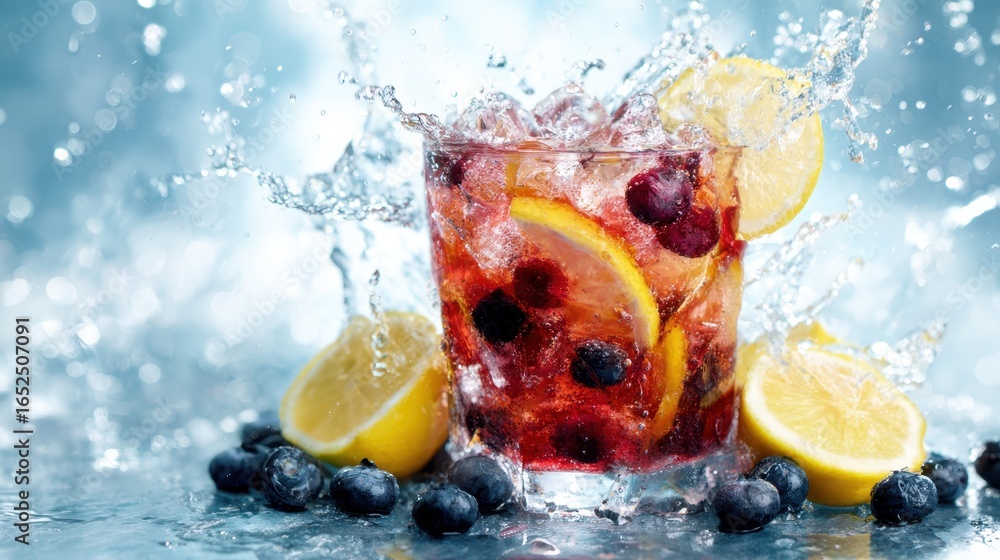 Poster this captivating image captures a refreshing drink splashing with blueberries and lemon slices, show