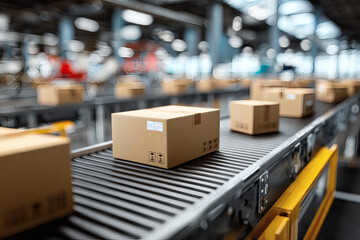 Close-Up of Cardboard Boxes on Conveyor Belt in Modern Fulfillment Center – E-Commerce, Delivery, and Automation Concept