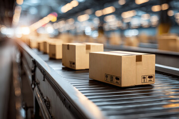 Close-Up of Cardboard Boxes on Conveyor Belt in Modern Fulfillment Center – E-Commerce, Delivery, and Automation Concept