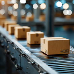 Close-Up of Cardboard Boxes on Conveyor Belt in Modern Fulfillment Center – E-Commerce, Delivery, and Automation Concept