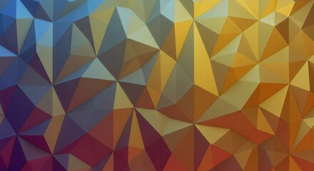 A dynamic abstract low-poly background with a geometric pattern, featuring a colorful blend of warm golden, yellow, and orange tones merging with cool blue and purple hues