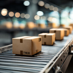 Close-Up of Cardboard Boxes on Conveyor Belt in Modern Fulfillment Center – E-Commerce, Delivery, and Automation Concept