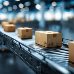 Close-Up of Cardboard Boxes on Conveyor Belt in Modern Fulfillment Center – E-Commerce, Delivery, and Automation Concept