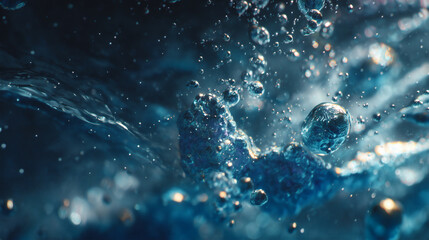 Macro Shot of Underwater Air Bubbles Rising in Swimming Pool with Shimmering Light and Deep Blue Tones – Abstract Cinematic Luxury Aesthetic