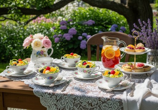 Photo of elegant garden tea party setting with fruit salads and pastries on a lacecovered table, surrounded by blooming flowers and lush greenery on a sunny day