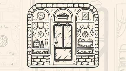 Illustration of a charming shop facade with arched windows and a central glass door displaying goods