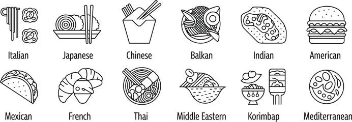World cuisine icons, Italian, Japanese, Chinese, Balkan, Indian, American, Mexican, French, Thai, Middle Eastern, Mediterranean
