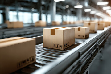 Close-Up of Cardboard Boxes on Conveyor Belt in Modern Fulfillment Center – E-Commerce, Delivery, and Automation Concept