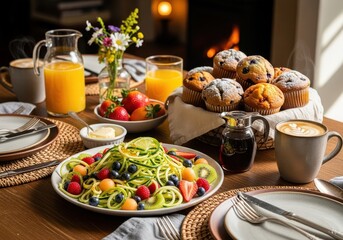 Photo of cozy breakfast or brunch spread featuring a vibrant fruit salad, freshly baked muffins, coffee, and orange juice on a rustic wooden table with a fireplace in the background