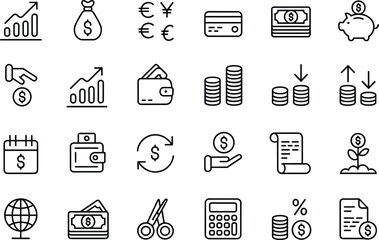 Finance and banking icons set, money growth, wallet, currency, piggy bank, investment, credit card, savings, tax, business, flat vector illustration