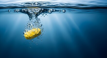 A yellow effervescent tablet rapidly dissolving in clear, blue water with bubbles.