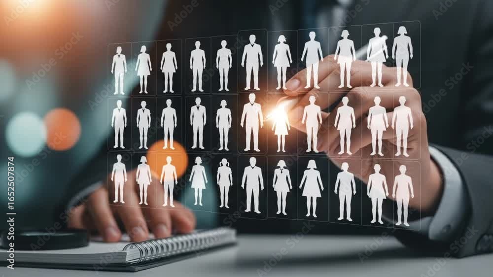 Poster a person pointing at a team hierarchy chart with a pen near a notepad in a dark setting