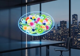 Photo of a futuristic and innovative concept showcasing a vibrant, glowing hologram of a healthy fruit salad projected in a modern office space overlooking a city skyline at night