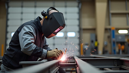 A skilled welder is using a welding torch to join metal components in a workshop.