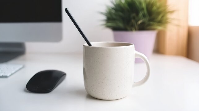 Minimalist Desk Arrangement with Dot-Pattern Cup and Tech Devices, Professional Background for Webinar Graphics.