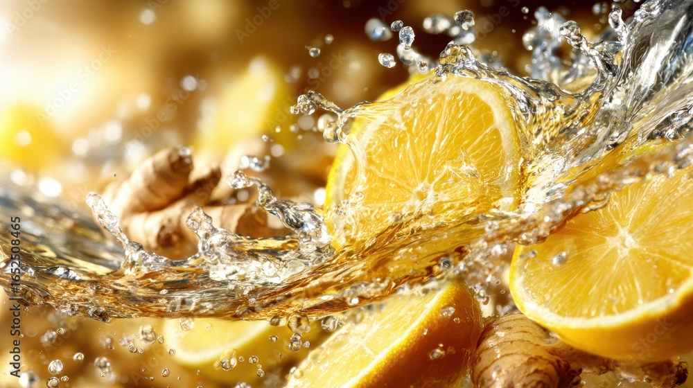 Aufkleber slices of fresh lemon burst into the air, creating a dynamic splash in clear water that evokes a ref