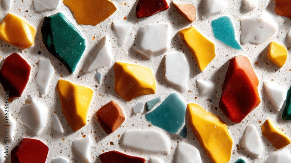 Aufkleber an artistic array of colorful mosaic fragments set against a white background, showcasing a blend of