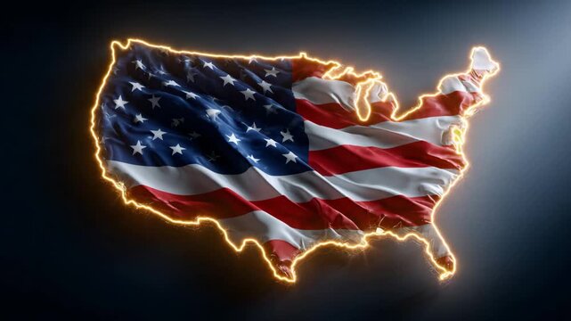 United States map silhouette filled with a waving American flag and surrounded by a glowing light border, set against a dark dramatic background.
