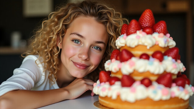 A bright girl with a beautiful, warm smile and rosy cheeks sat in front of a majestic, multi-tiered cake.