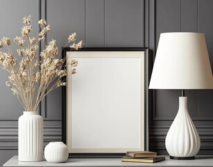 Elegant Interior Mockup with Frame, Dried Flowers, White Lamp and Books on Table