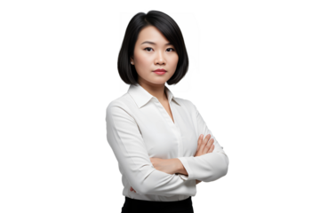 Professional young Asian businesswoman with arms crossed, isolated on transparent cutout background, cut out, png