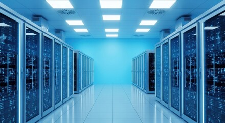Fototapeta premium Futuristic server room data center with rows of rack and network equipment
